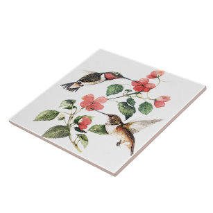 Sweet Vintage Floral Hummingbirds Pair Ceramic Tile