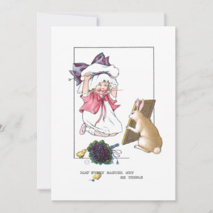 Sweet Vintage Girl with Easter Bonnet & Bunny Holiday Card