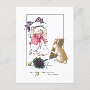 Sweet Vintage Girl with Easter Bonnet & Bunny Holiday Postcard