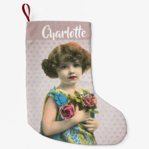 Sweet Vintage Girl With Flowers Tinted Photo Small Christmas Stocking