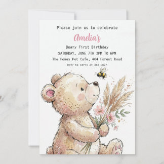 Sweet Watercolor Bear Girl Birthday Invitation