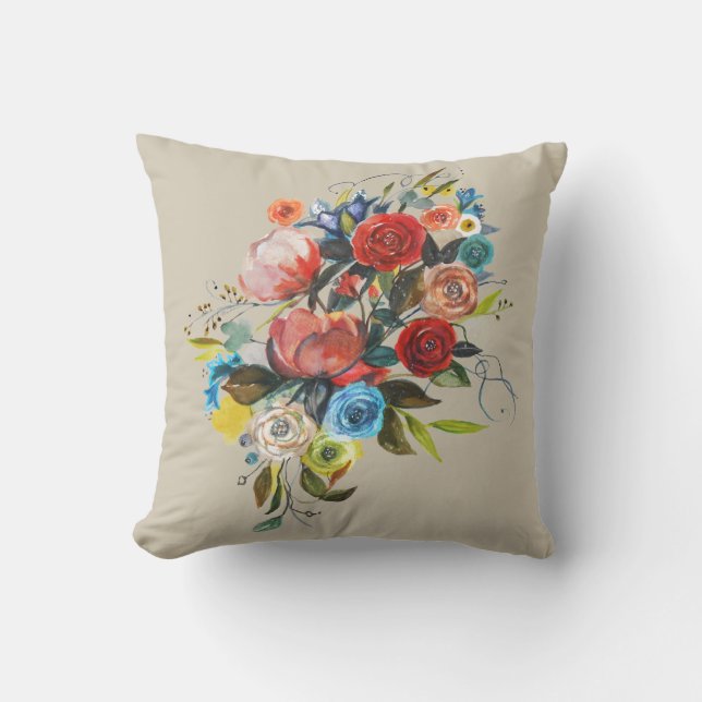 Sweet Watercolor Bouquet Taupe Customisable Cushion (Front)