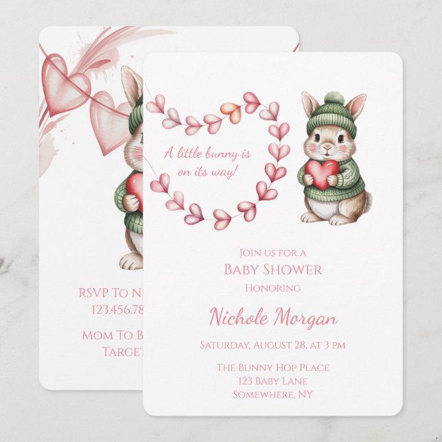 Sweet Watercolor Bunny Baby Shower  Invitation (Front/Back)