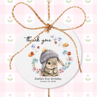 Sweet Watercolor Bunny Floral First Birthday  Favour Tags
