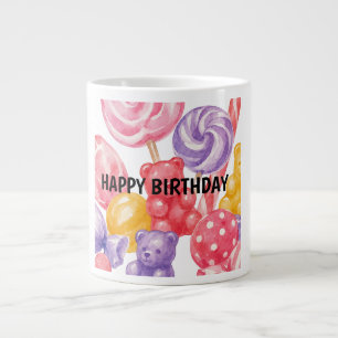 : Sweet Watercolor Candy and Gummy Bear Birthday C Large Coffee Mug