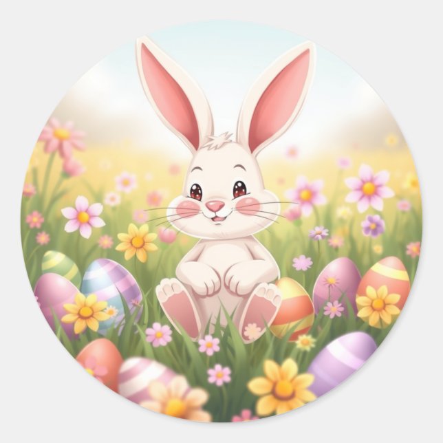 Sweet Watercolor Cartoon Easter Bunny  Classic Round Sticker (Front)