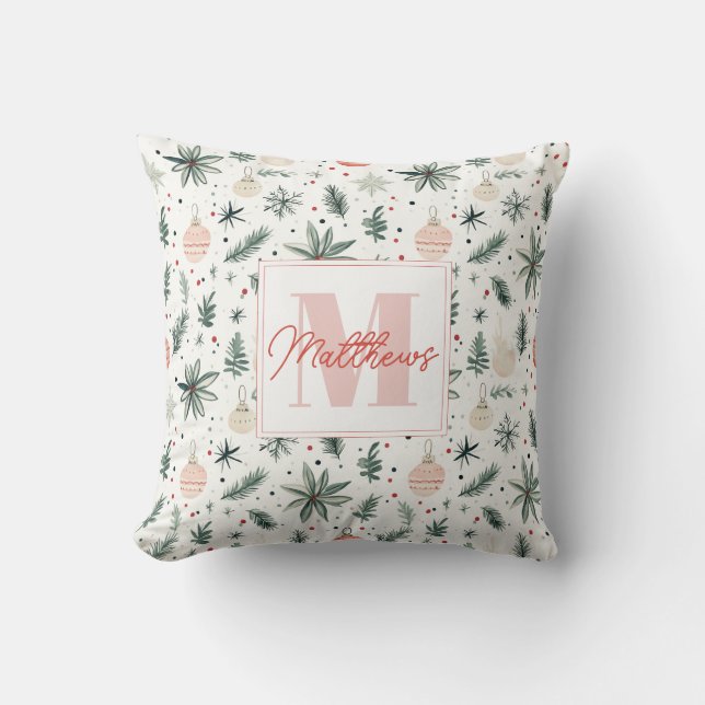 Sweet Watercolor Christmas Greenery Monogrammed Cushion (Front)