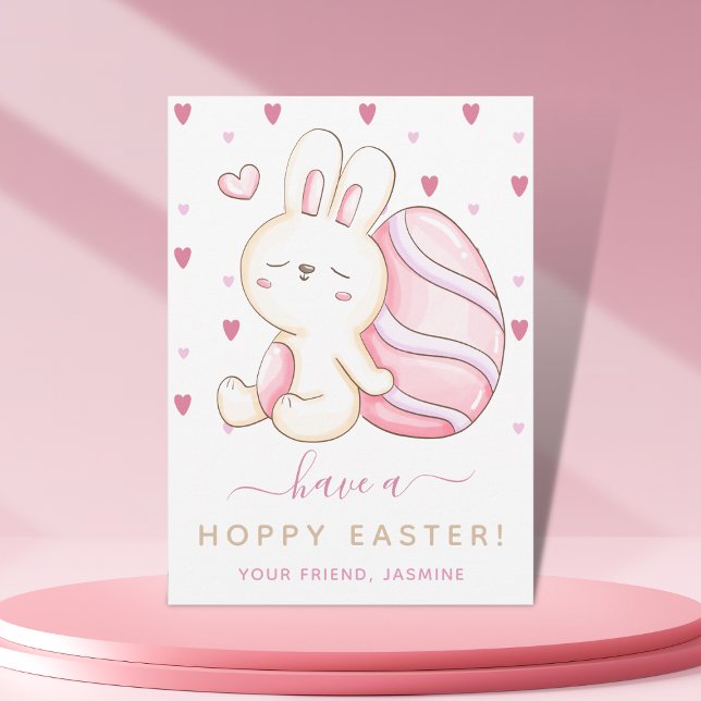 Sweet Watercolor Easter Bunny Pink Egg Kids Friend Holiday Card (Creator Uploaded)
