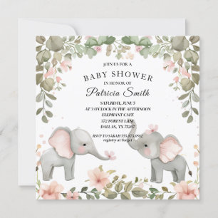 Sweet Watercolor Floral Elephant Baby Shower Invitation