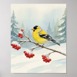 Sweet Watercolor Goldfinch Bird on Snowy Berry  Poster