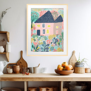 Sweet Watercolor House Garden Illustration Poster