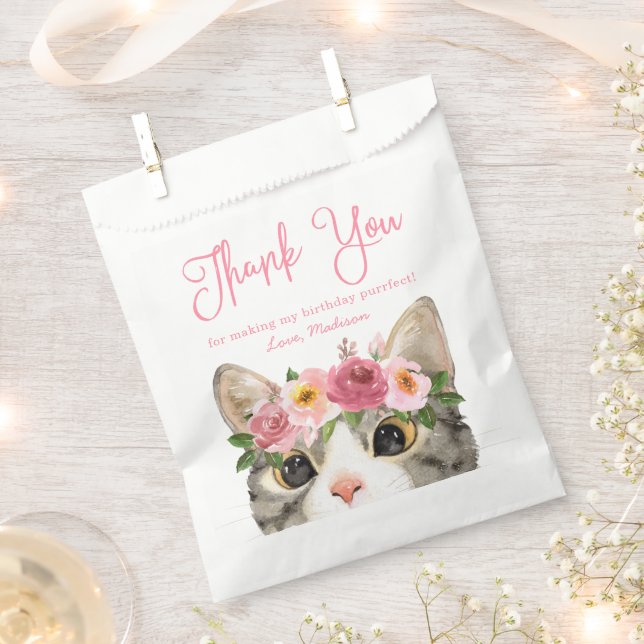 Sweet Watercolor Kitty Birthday Party Thank You Favour Bag (Clipped)
