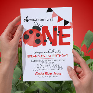 Sweet Watercolor Ladybug 1st Birthday Party Invitation