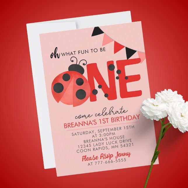 Sweet Watercolor Ladybug 1st Birthday Party Invitation (Oh What Fun to Be One Light Salmon Pink and Red 1st Birthday Invitation)