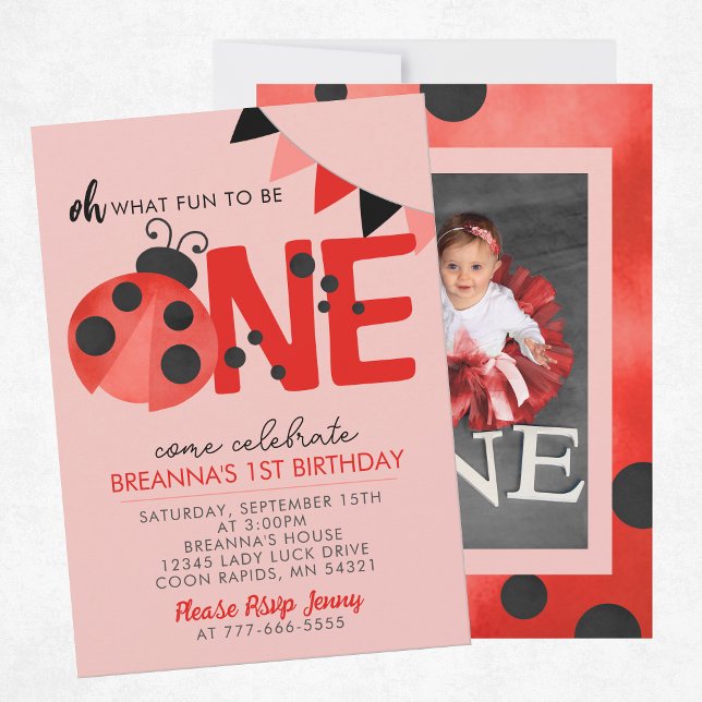 Sweet Watercolor Ladybug 1st Birthday Photo Invitation (Oh What Fun to Be One Light Salmon Pink and Red 1 Photo First Birthday Invitation)