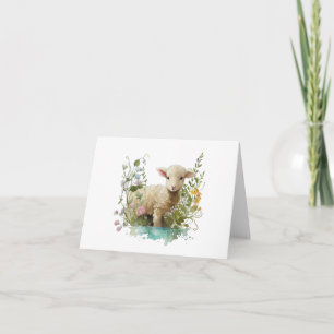 Sweet Watercolor Lamb with Flowers BLANK Card