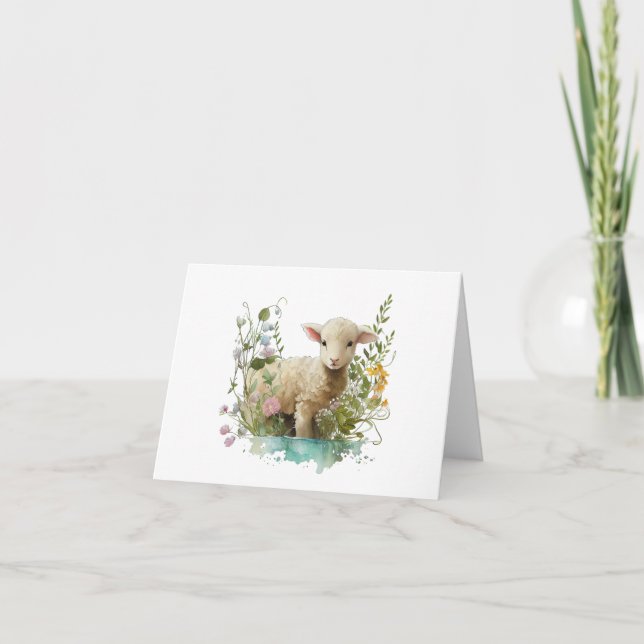 Sweet Watercolor Lamb with Flowers BLANK  Card (Front)