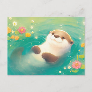 Sweet Watercolor Otter Floral Pond Postcard