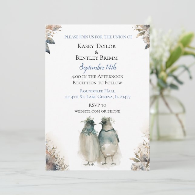 Sweet Watercolor Penguins Unique Wedding  Invitation (Standing Front)