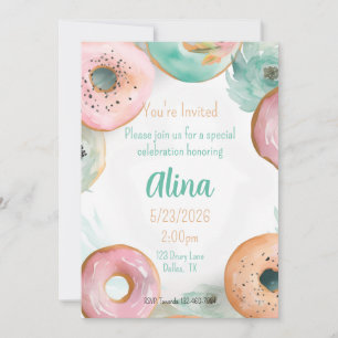 Sweet Watercolor Pink Doughnut Sticker Invitation