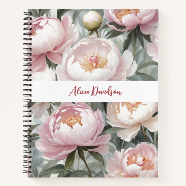 Sweet Watercolor Pink Peonies | your name Notebook (Front)