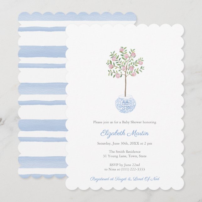 Sweet Watercolor Potted Peach Tree Boy Baby Shower Invitation (Front/Back)