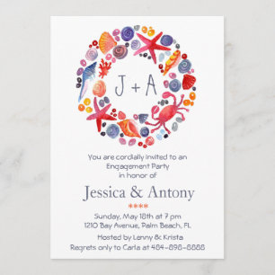 Sweet Watercolor Sea Wreath Beach Engagement Party Invitation
