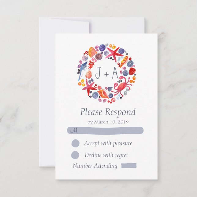 Sweet Watercolor Sea Wreath Beach Wedding RSVP (Front)