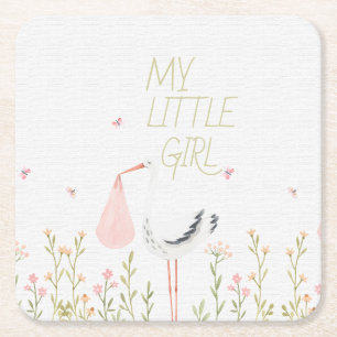 Sweet Watercolor Stork - "My Little Girl" Baby Square Paper Coaster