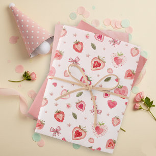Sweet Watercolor Strawberries Hearts And Ribbons Wrapping Paper Sheet