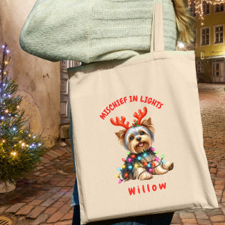 Sweet Watercolor Yorkshire Terrier Festive Lights Tote Bag