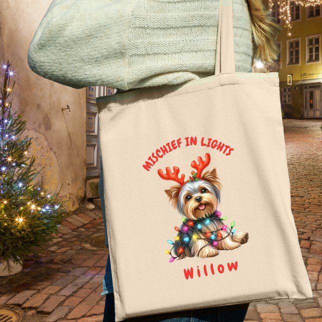 Sweet Watercolor Yorkshire Terrier Festive Lights Tote Bag (Carry festive cheer with this custom fun Yorkshire Terrier tote bag. A perfect gift for dog lovers.)