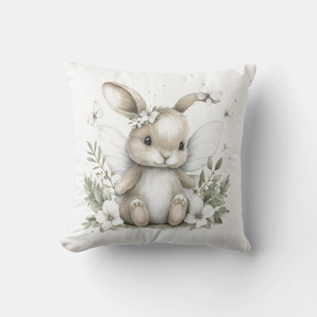 Sweet watercolour fairy bunny illustration cushion (Front)