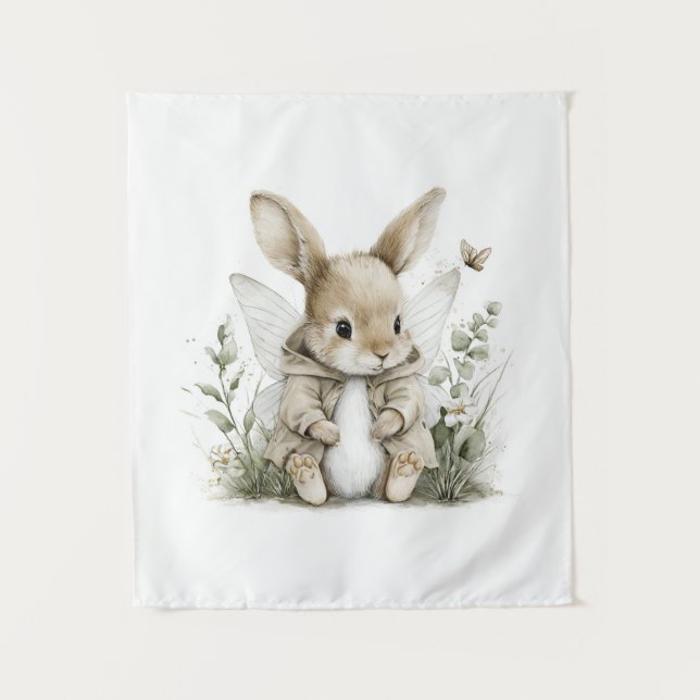 Sweet watercolour fairy bunny illustration tapestry (Front)