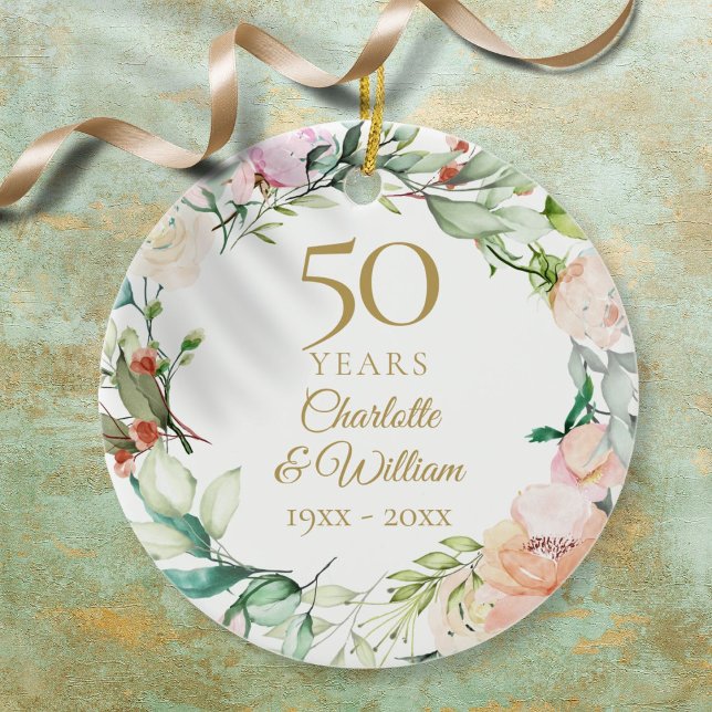 Sweet Watercolour Roses Garland 50th Anniversary Ceramic Ornament (Sweet Watercolour Roses Garland 50th Anniversary Ceramic Ornament)