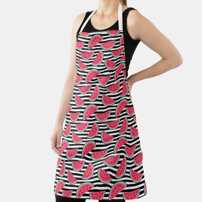 Sweet Watermelon on Stripes Black & White Pattern Apron (Insitu)