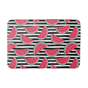 Sweet Watermelon on Stripes Black & White Pattern Bath Mat