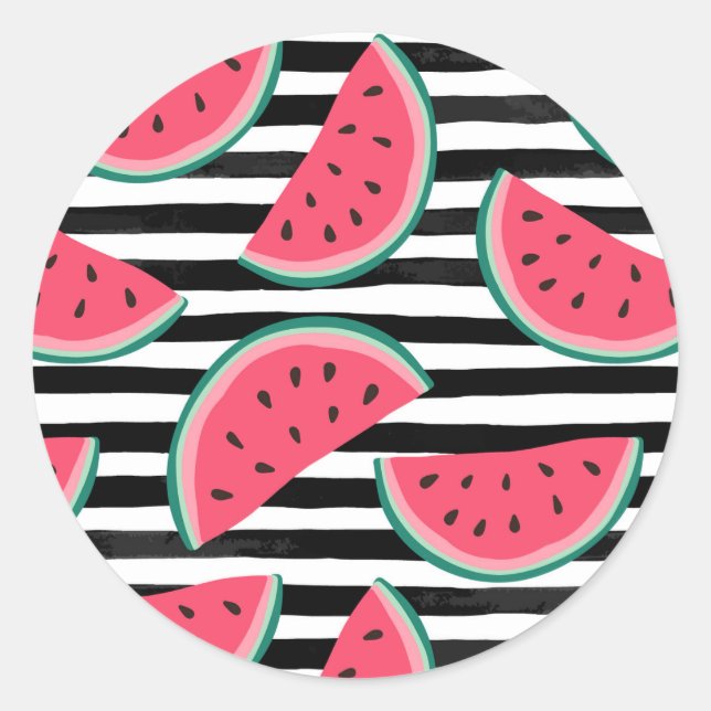 Sweet Watermelon on Stripes Black & White Pattern Classic Round Sticker (Front)