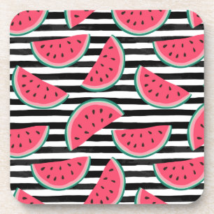Sweet Watermelon on Stripes Black & White Pattern Coaster