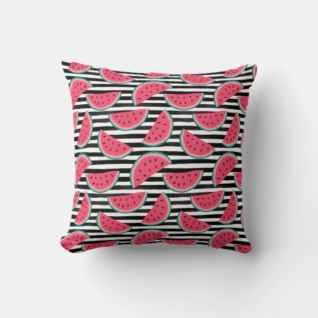 Sweet Watermelon on Stripes Black & White Pattern Cushion (Front)