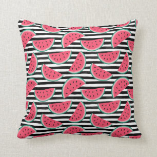 Sweet Watermelon on Stripes Black & White Pattern Cushion