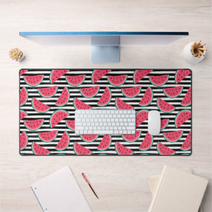 Sweet Watermelon on Stripes Black & White Pattern Desk Mat
