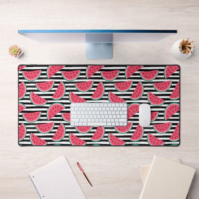 Sweet Watermelon on Stripes Black & White Pattern Desk Mat (Office 1)