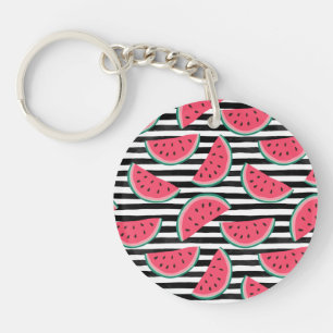 Sweet Watermelon on Stripes Black & White Pattern Key Ring