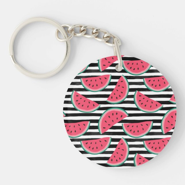 Sweet Watermelon on Stripes Black & White Pattern Key Ring (Front)