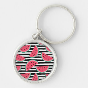 Sweet Watermelon on Stripes Black & White Pattern Key Ring