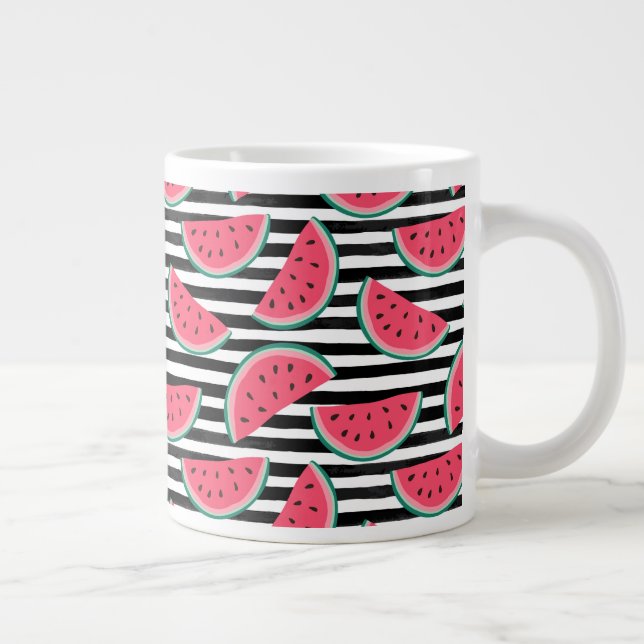 Sweet Watermelon on Stripes Black & White Pattern Large Coffee Mug (Right)