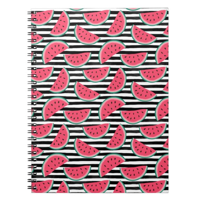 Sweet Watermelon on Stripes Black & White Pattern Notebook (Front)