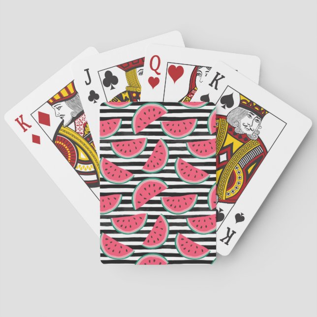 Sweet Watermelon on Stripes Black & White Pattern Playing Cards (Back)