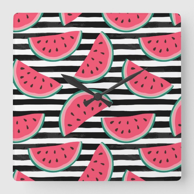 Sweet Watermelon on Stripes Black & White Pattern Square Wall Clock (Front)